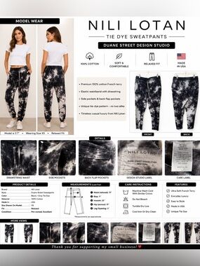 Nili Lotan Tie Dye Jogger Sweatpants Black Gray Cotton Made in USA Women's M